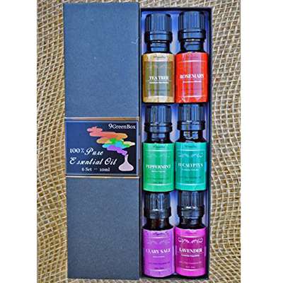 9GreenBox - Aromatherapy Top 6 100% Pure Therapeutic Grade Basic Sampler Essential Oil Gift Set- 6/10 Ml (Lavender, Tea Tree, Eucalyptus, Rosemary, Clary Sage, Peppermint) - 9GreenBox